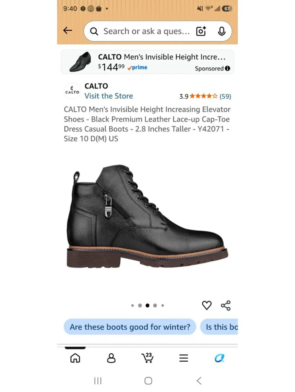 CALTO Y42071 Mens Size 10 Black Leather Elevator Boots 2.8” Height Increase